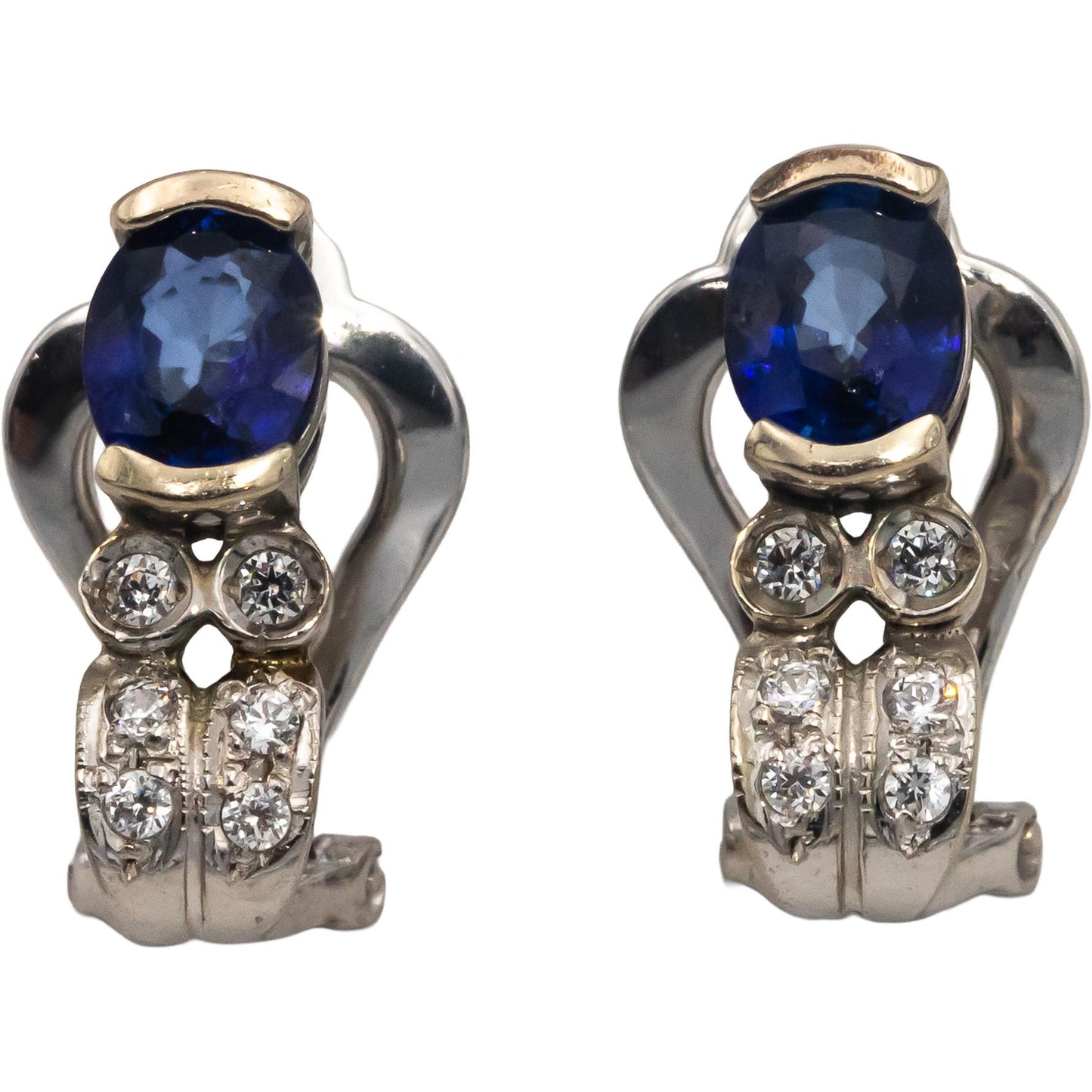 14k White Gold Oval Sapphire Round Diamond Earrings 0.95CTW