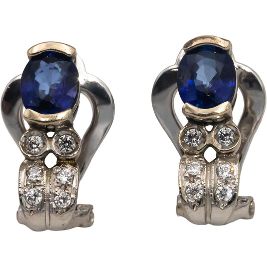 14k White Gold Oval Sapphire Round Diamond Earrings 0.95CTW