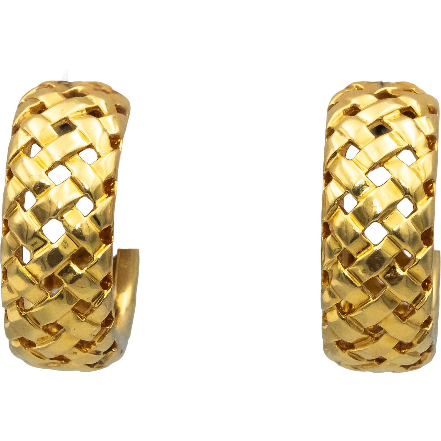 TIFFANY & CO. Vintage 18k Yellow Gold Vannerie Basket Weave Hoop Earrings w/ Box