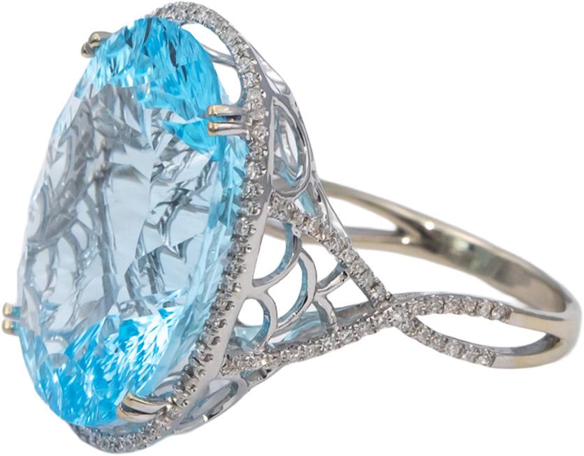 14k White Gold Oval Fantast Cut Blue Topaz & Diamond Cocktail Ring 32.30CT Sz 8