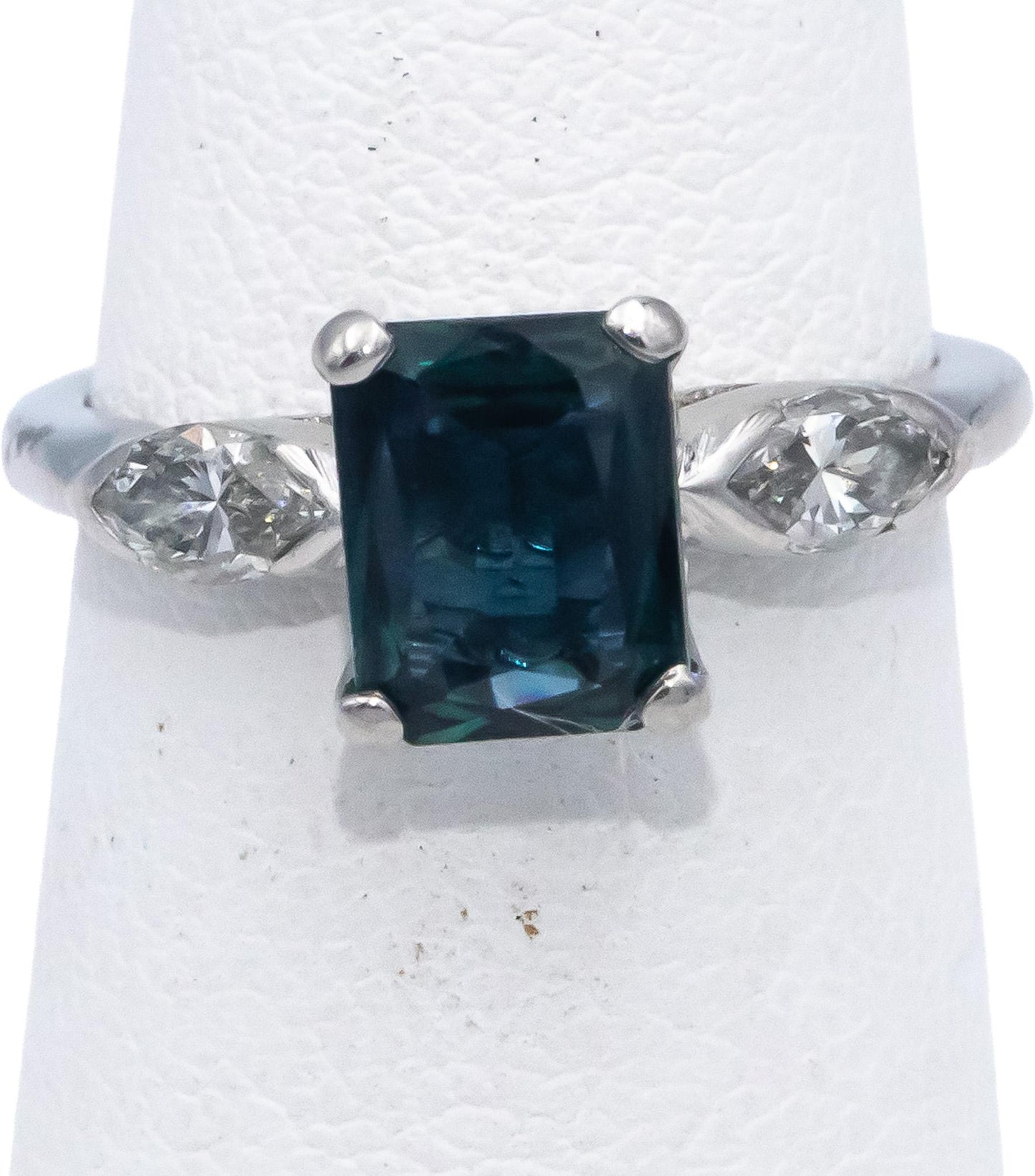 Platinum Emerald Cut Blue Topaz & Marquise Diamond Cocktail Ring 1.81CT Size 5