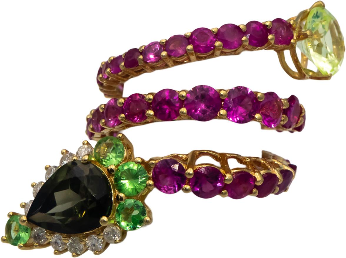 18k Yellow Gold Assorted Gemstone & Diamond Snake Wrap Ring 5.25CT Size 3.5