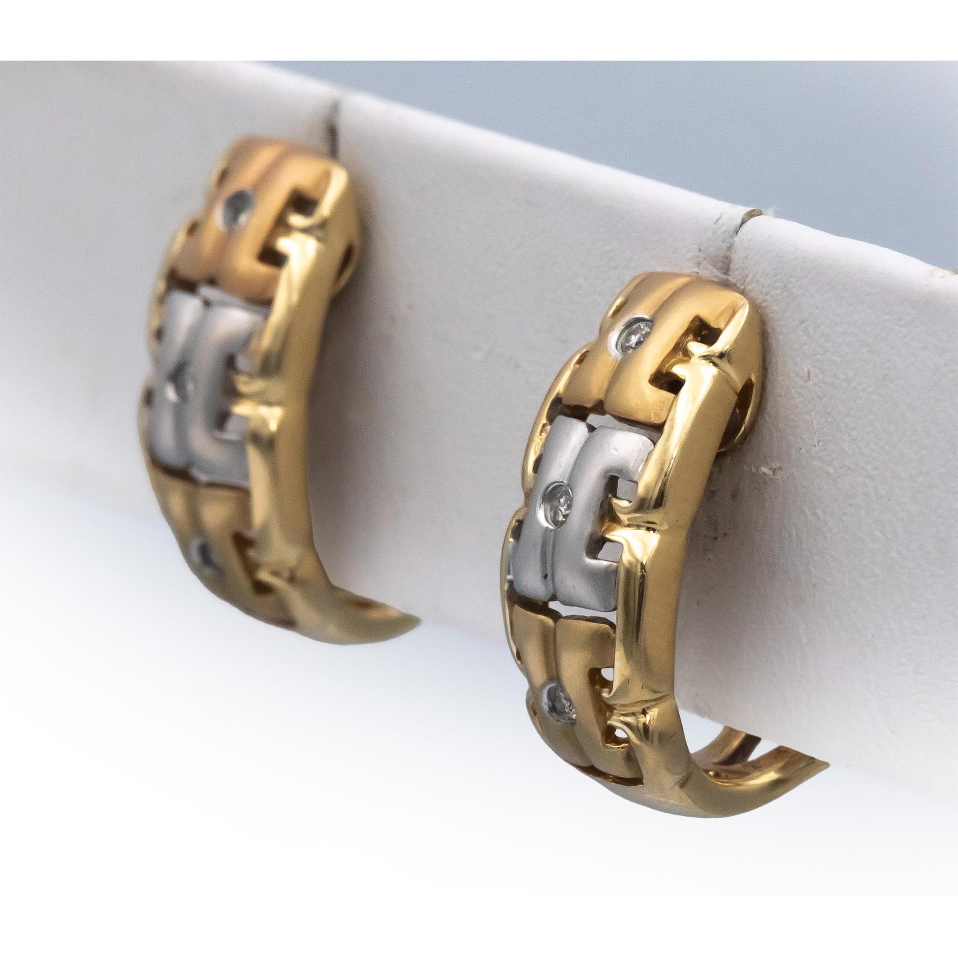 14k Yellow & White Gold Round Diamond Curved Earrings 0.03CT