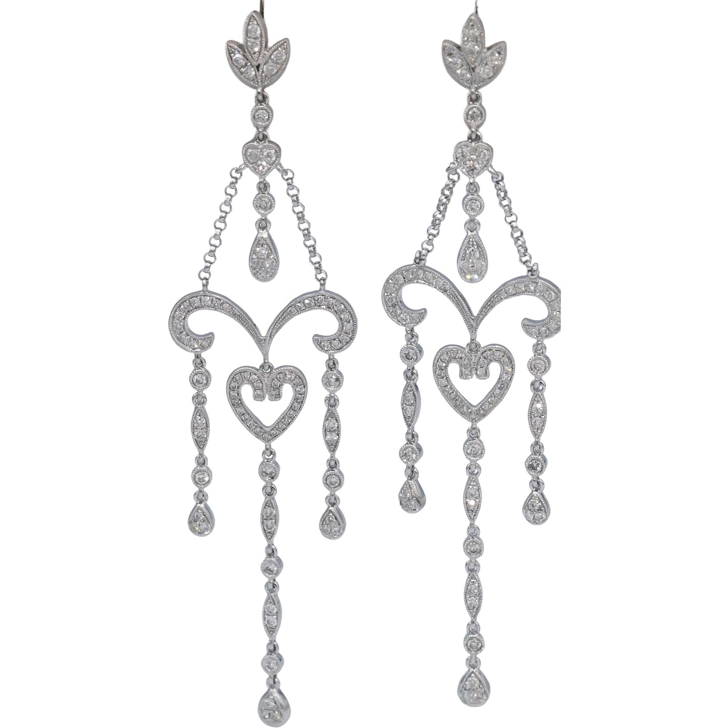 18k White Gold VS Round Diamond Chandelier Dangle Earrings 1.50CTW