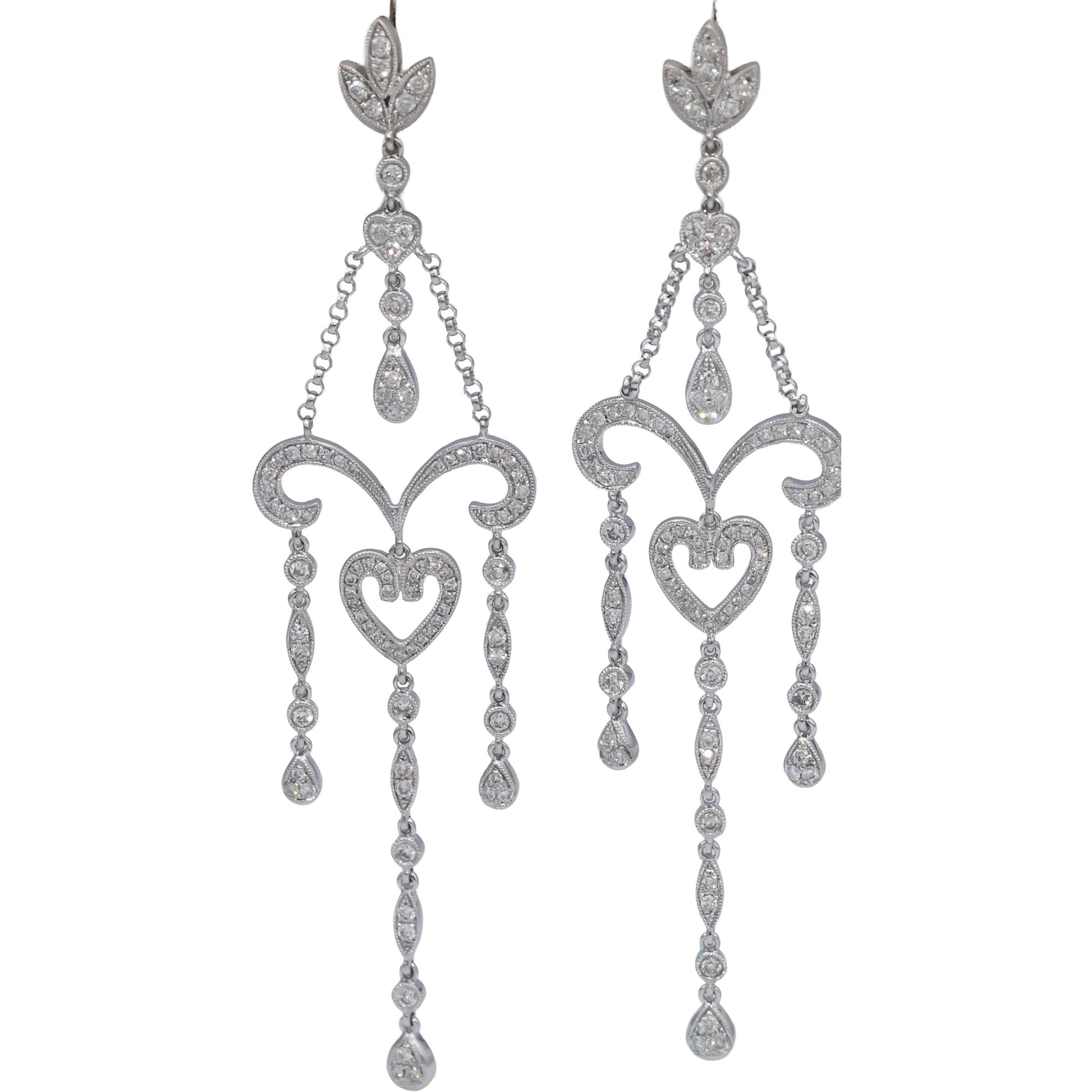 18k White Gold VS Round Diamond Chandelier Dangle Earrings 1.50CTW