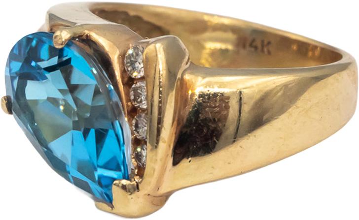 14k Yellow Gold Pear Cut Blue Topaz Round Diamond Cocktail Ring 3.08CT Size 5.25