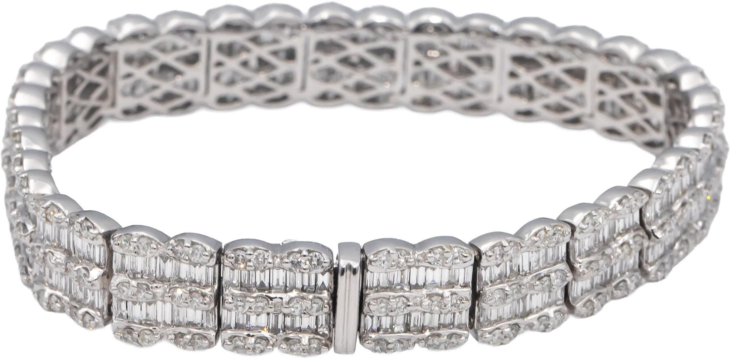 18k White Gold VS Round & Baguette Cut Diamond Fancy Link Bracelet 9.99CTW