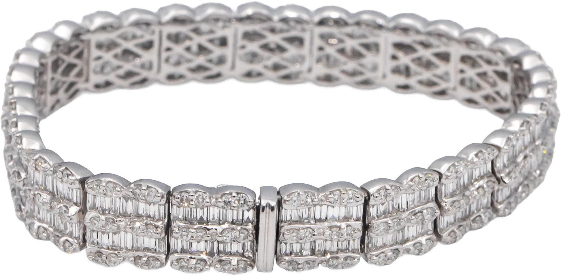 18k White Gold VS Round & Baguette Cut Diamond Fancy Link Bracelet 9.99CTW