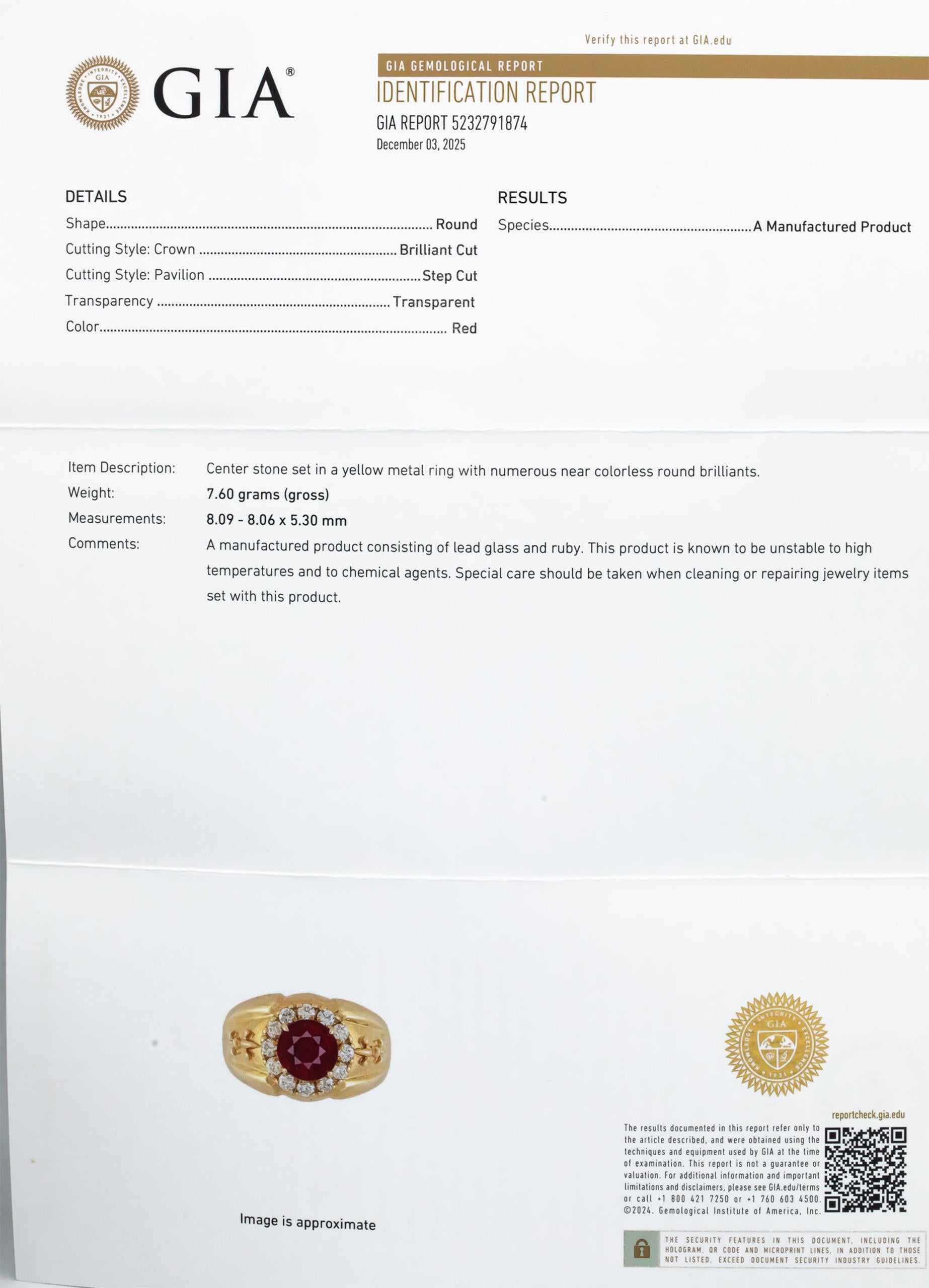 GIA Certified 14k Yellow Gold Diamond & Manufactured Ruby Ring 3.25CT Size 9