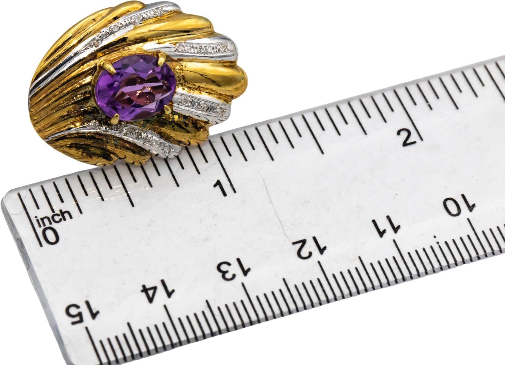 14k Yellow & White Gold Oval Amethyst & Round Diamond Scallop Earrings 6.10CTW