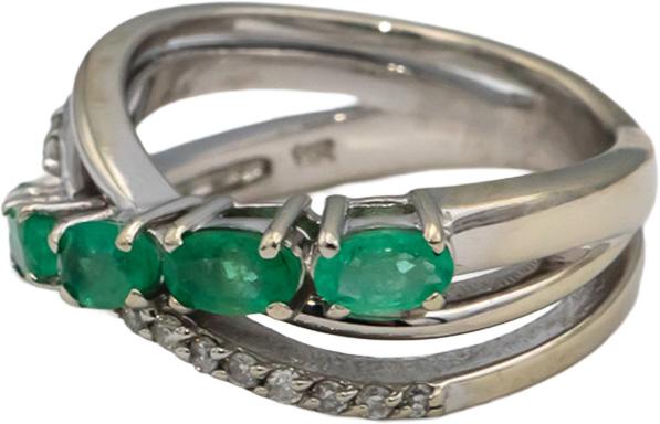 14k White Gold Emerald and Diamond Crossover Band Ring 0.85CTW Size 6.5