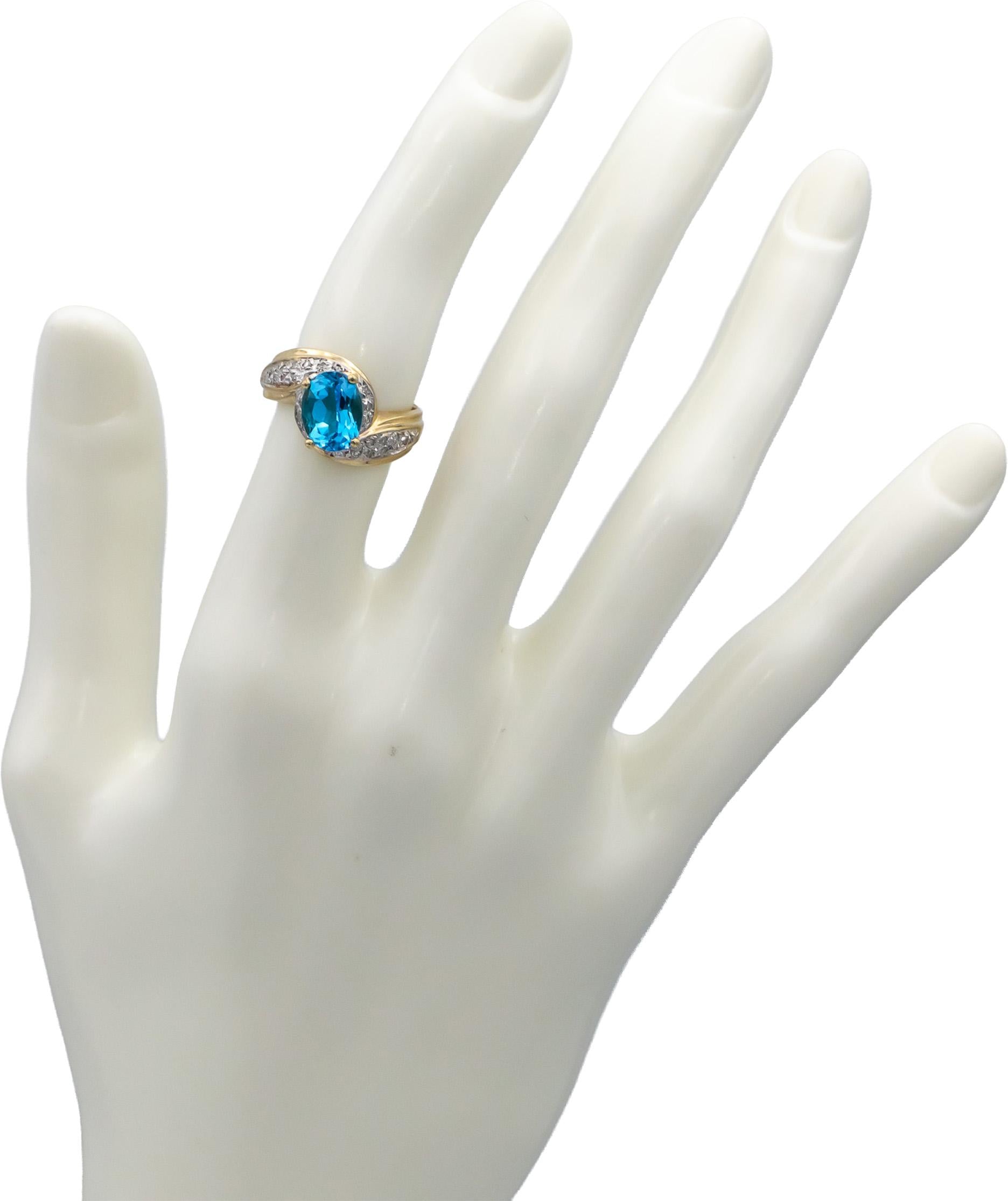 10k Yellow and White Gold Oval Blue Topaz & Round Diamond Ring 1.65CT Size 5.75