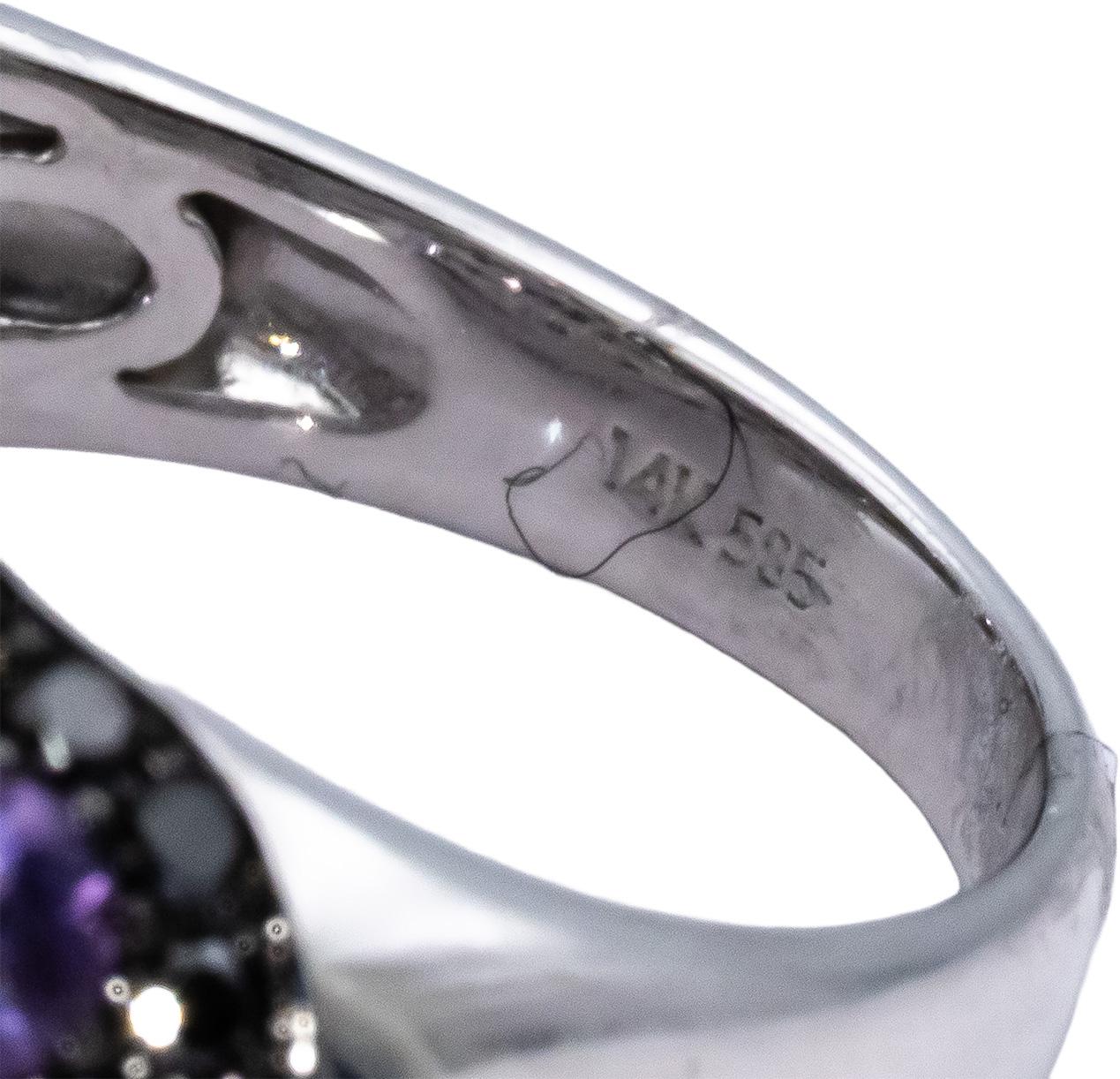 14k White Gold Round Black & White Diamond Amethyst Cluster Ring 1.0CTW Size 6.5