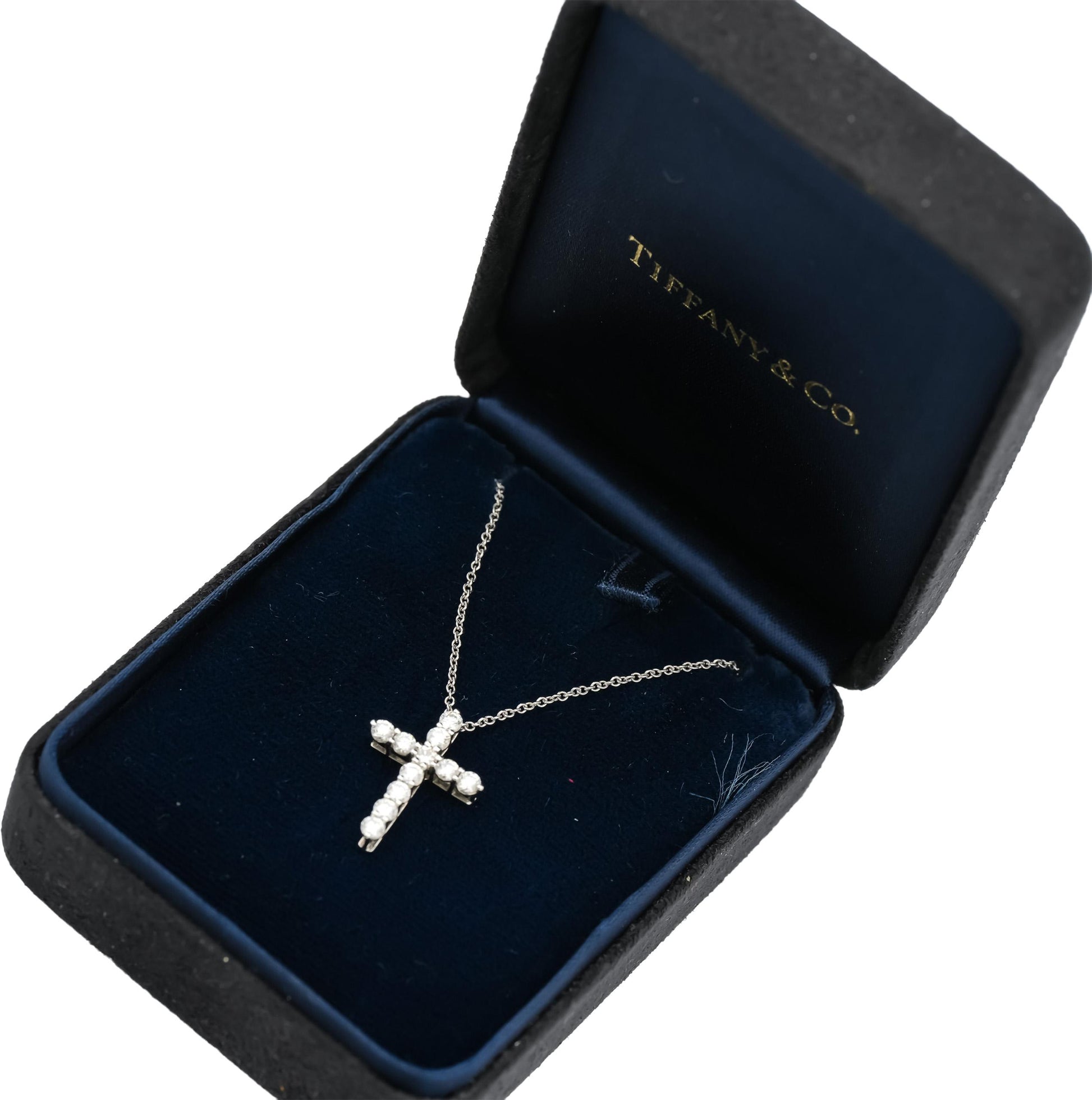 TIFFANY & CO. Platinum VS Diamond Cross Crucifix Pendant Necklace w/ Box 0.42CT