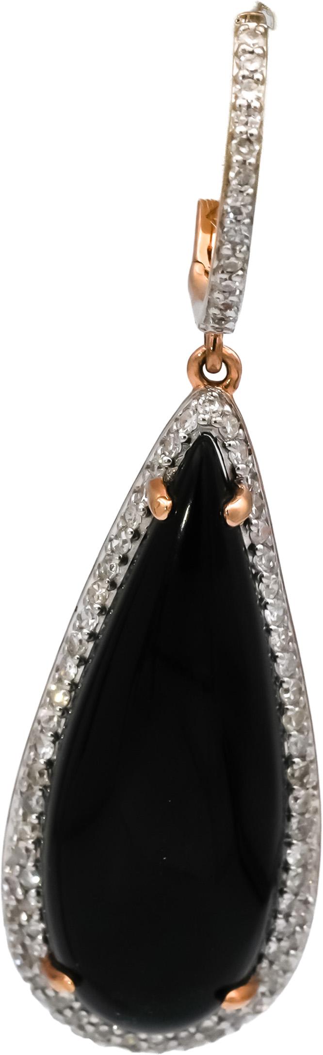 14k Rose Gold Round Diamond and Cabochon Onyx Drop Dangle Earrings 0.50CT