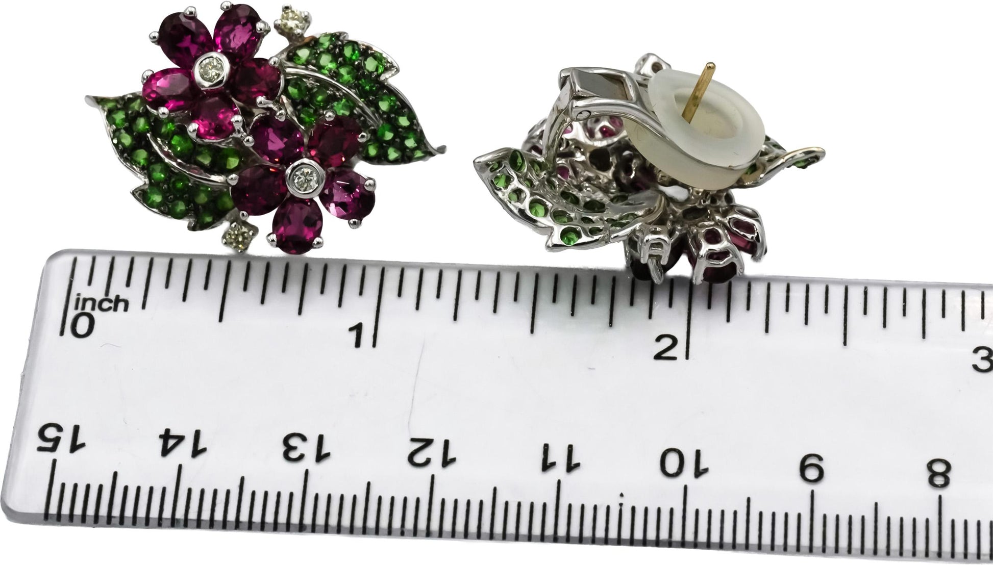 18k White Gold Diamond Pink and Green Tourmaline Flower Earrings 5.25CT