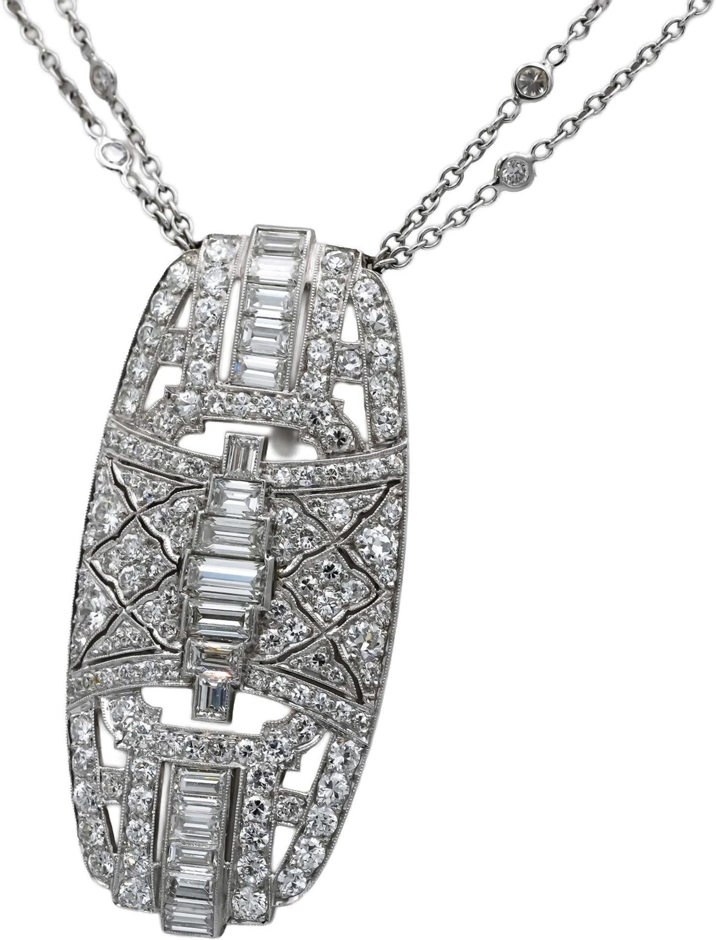 Antique Art Deco 18k & Platinum VS Diamond Pendant Double Chain Necklace 7.0CT