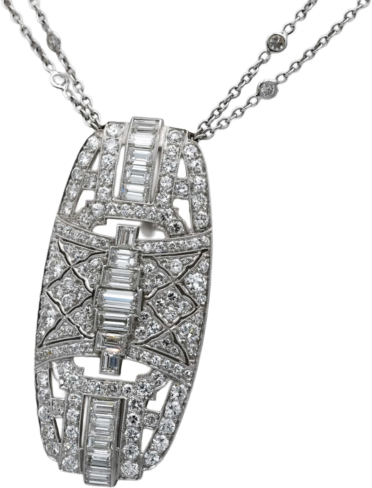 Antique Art Deco 18k & Platinum VS Diamond Pendant Double Chain Necklace 7.0CT