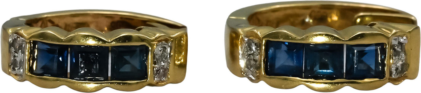 14k Yellow Gold Diamond and Sapphire Hoop Huggie Earrings 0.83CT