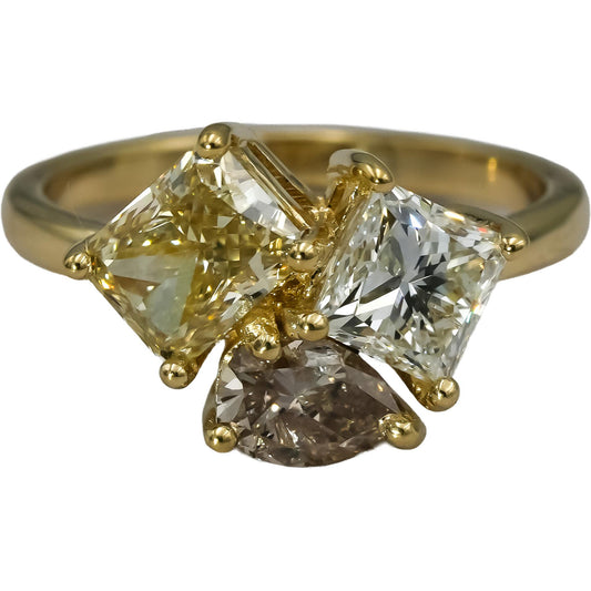 14k Yellow Gold Mixed Cut White & Yellow Diamond Three Stone Ring 2.19CT Size 6
