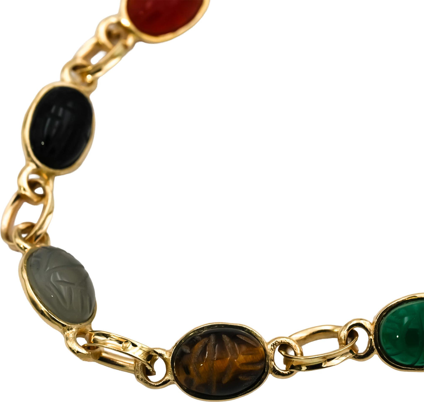 14k Yellow Gold Carved Scarab Multi Color Gemstone Bracelet