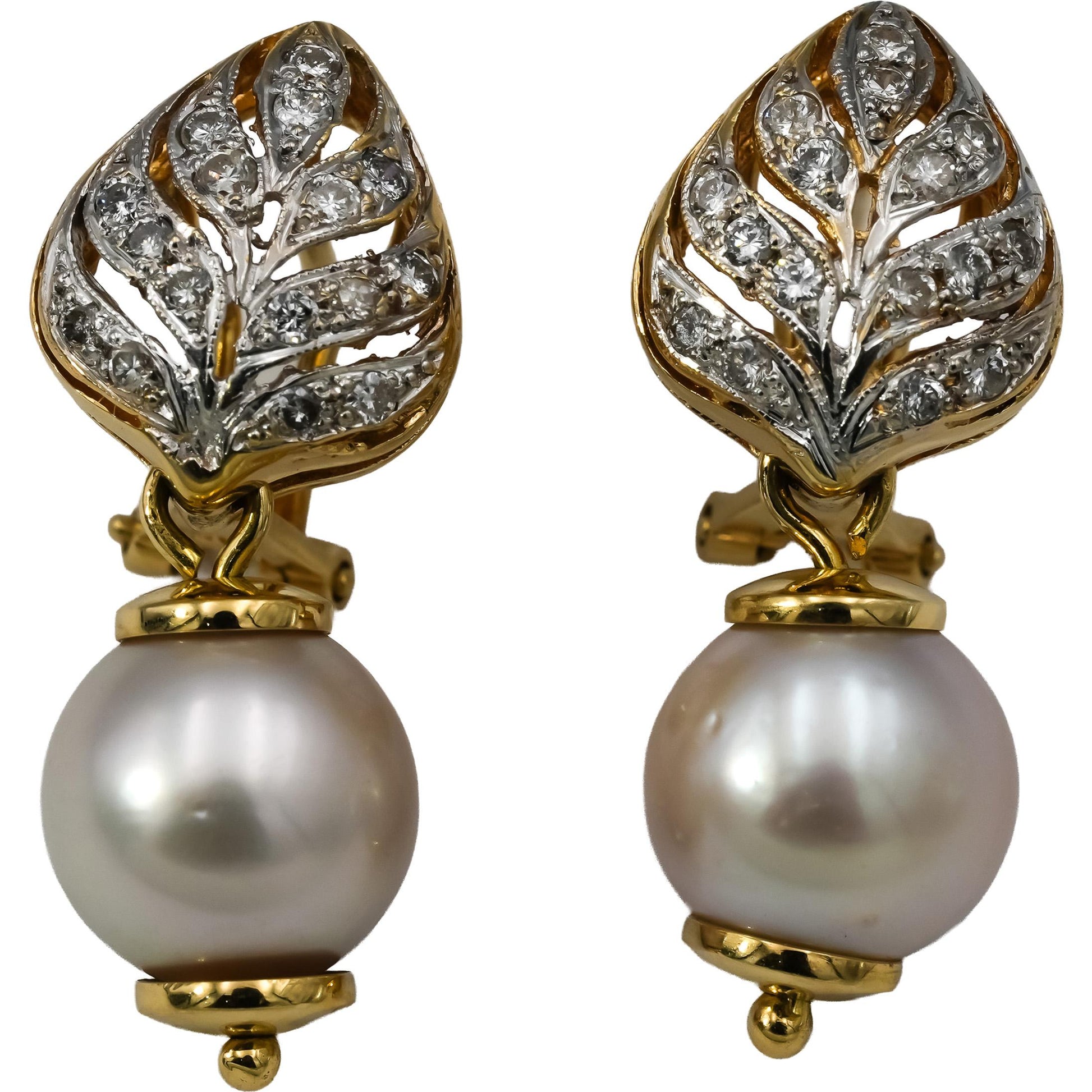 18k Yellow & White Gold Diamond and 11mm Pearl Dangle Floral Earrings 0.50CT