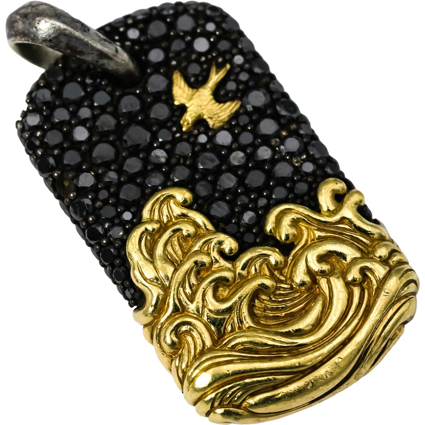 DAVID YURMAN Sterling Silver 18k Gold Black Diamond Waves Tag Pendant 2.74CT