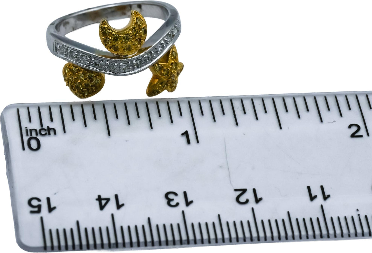 18k White and Yellow Gold Round Diamond Heart Moon Star Ring 0.30CT Size 6.5