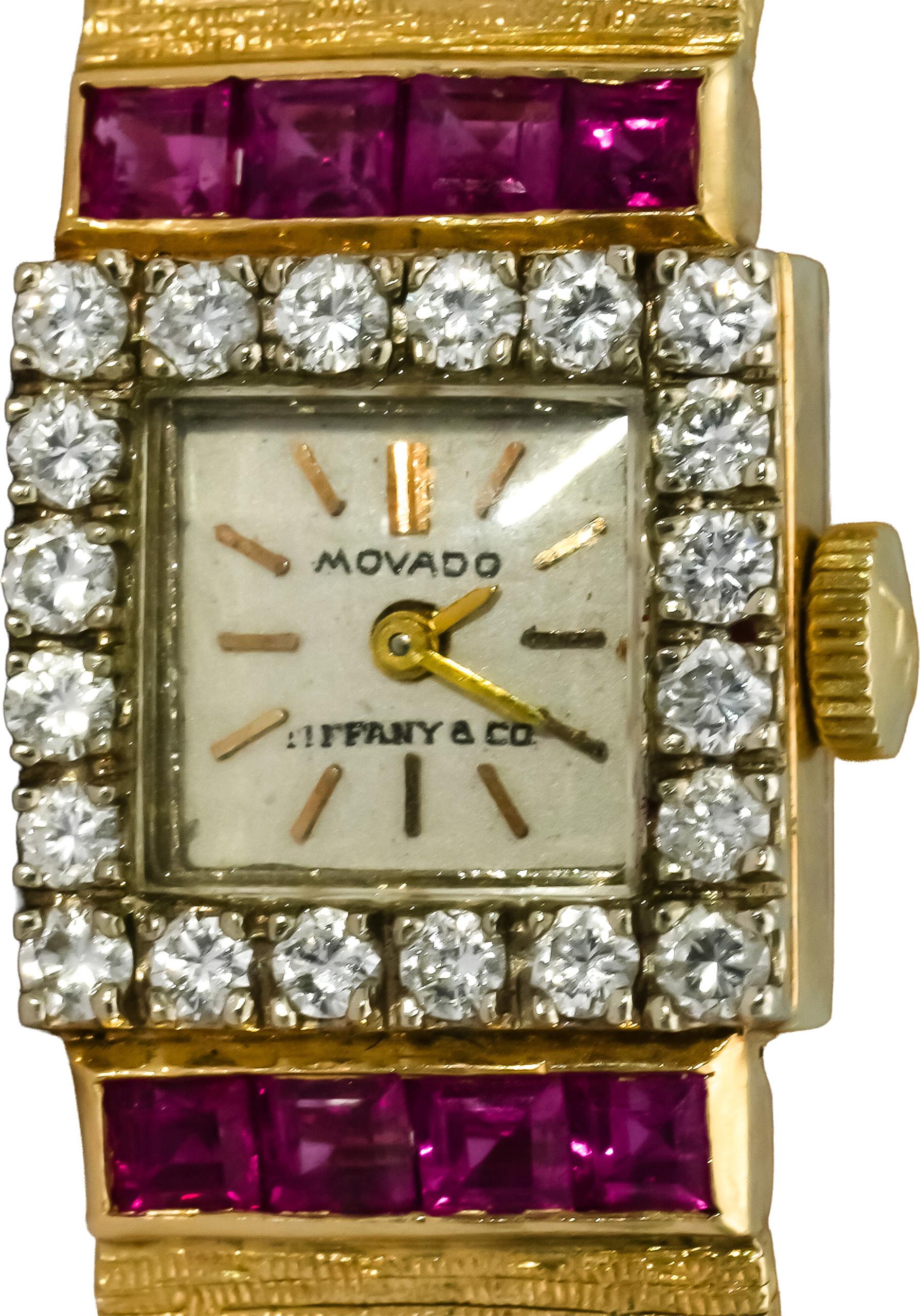 MOVADO 14k Yellow Gold Tiffany & Co. Dial Diamond Ruby Mechanical Watch 1.35CT