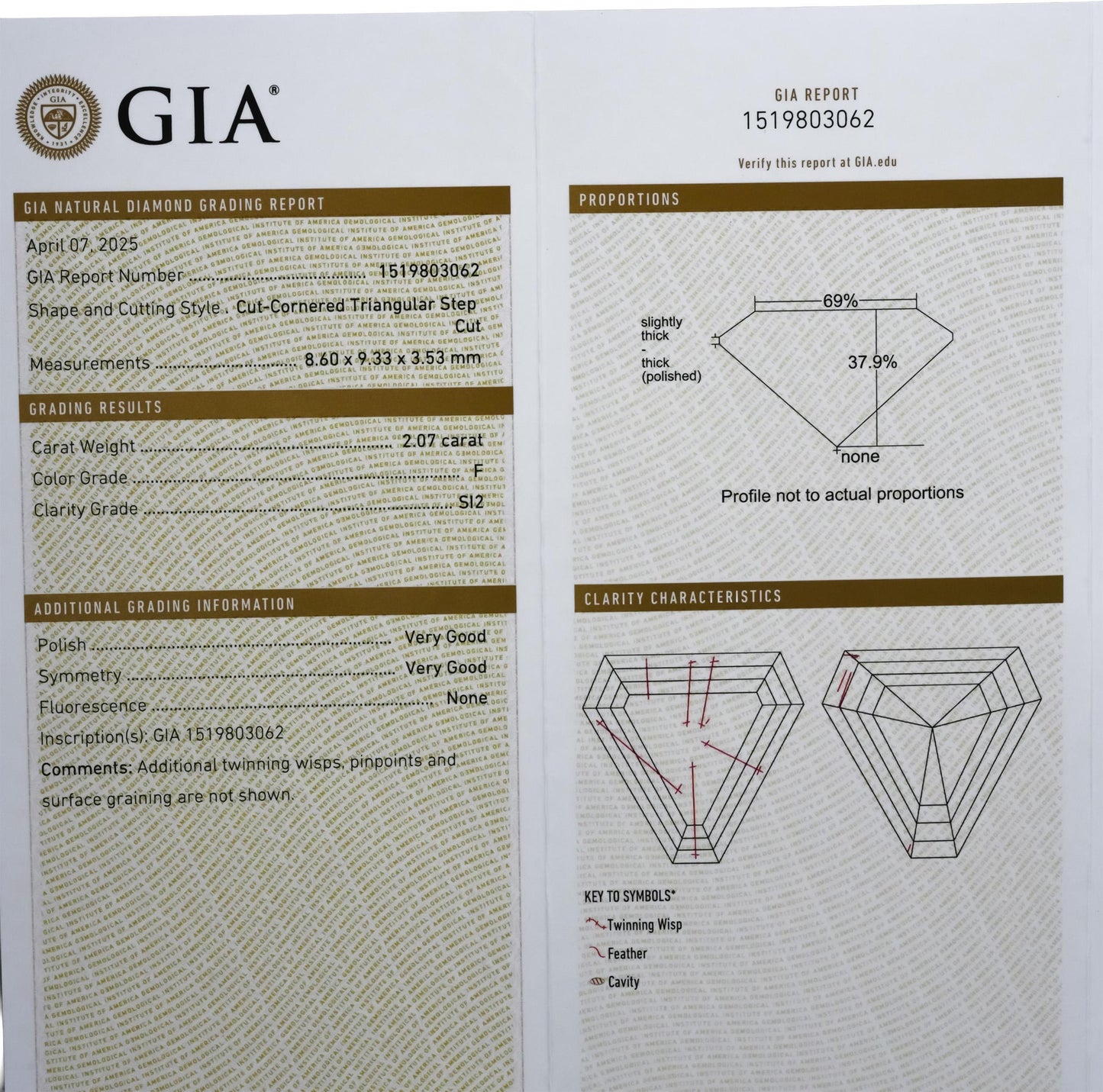 GIA SI2/F Cut Cornered Trillion Step Cut Natural Diamond Loose Stone 2.07CT