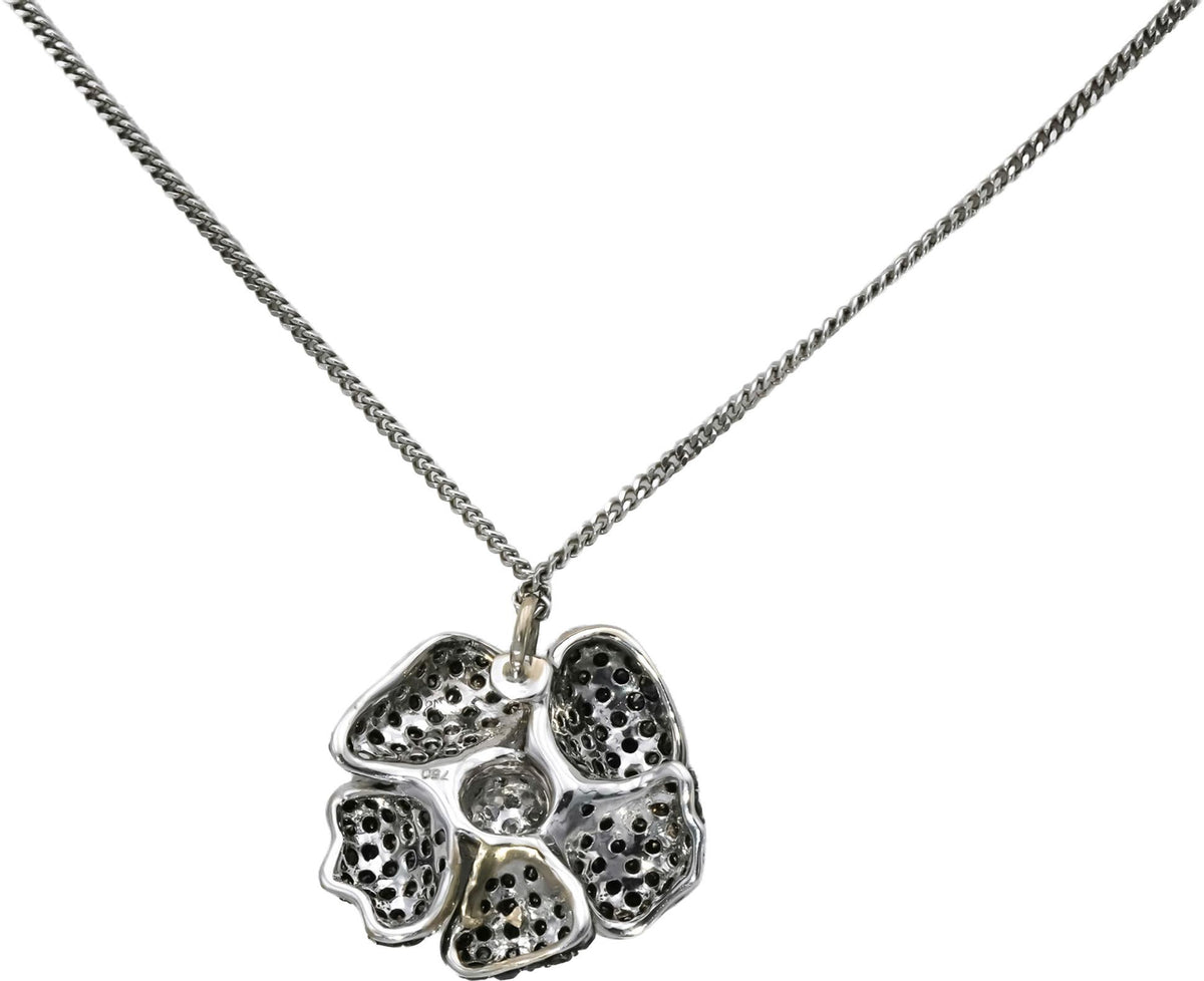 18k White Gold White and Black Diamond Cluster Flower Pendant Necklace 1.25CT