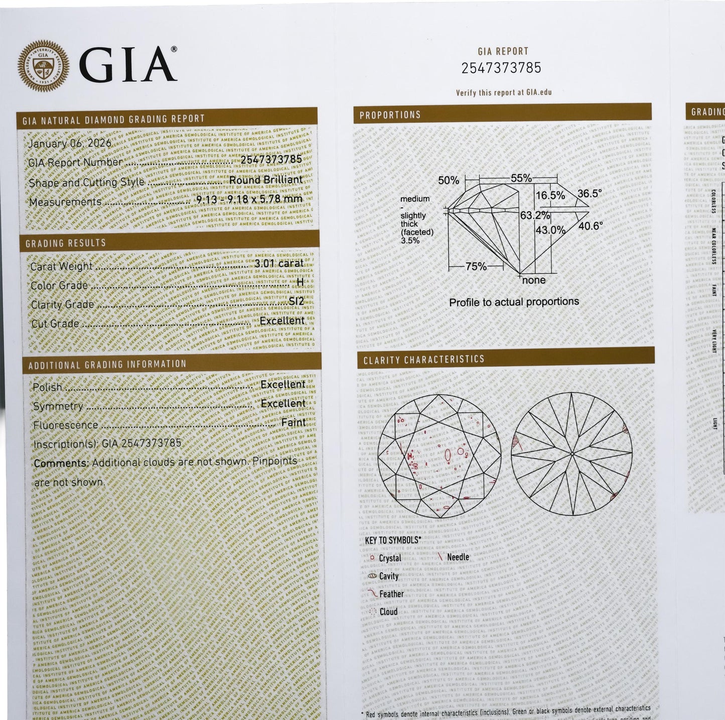GIA Certified SI2/H Round Cut Natural Diamond Loose Stone 3.01CT