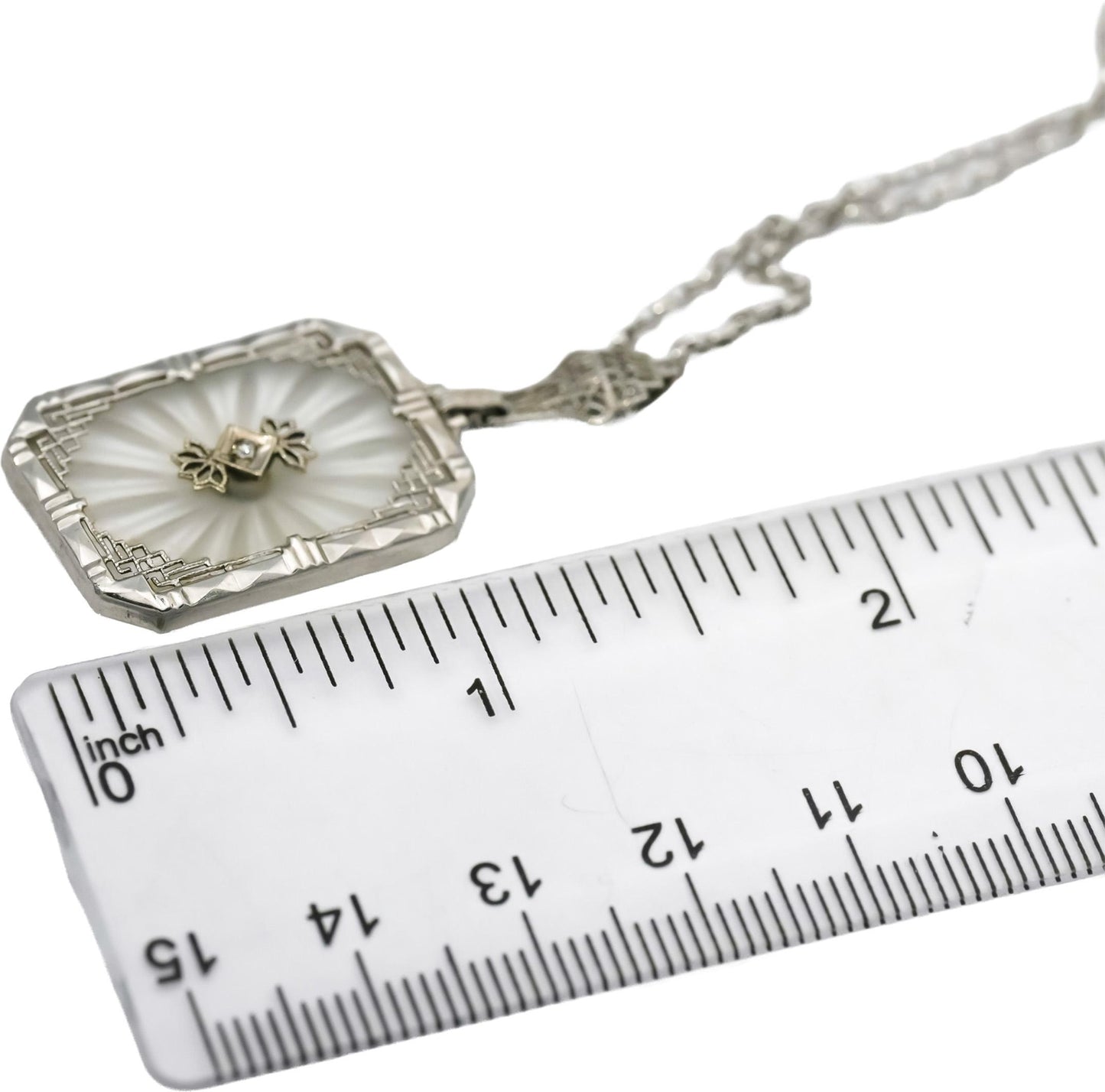 Vintage Antique 14k White Gold Rock Quartz Pendant Necklace w/ Diamond Accent