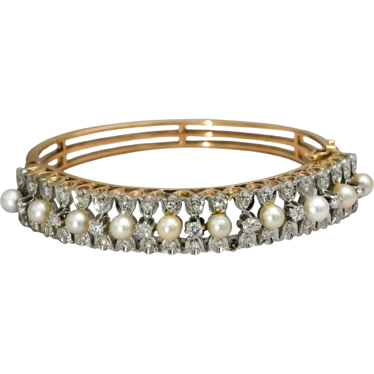 Vintage Antique 14k Yellow Gold Diamond and Pearl Bangle Bracelet 1.50CT