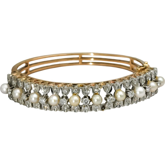 Vintage Antique 14k Yellow Gold Diamond and Pearl Bangle Bracelet 1.50CT