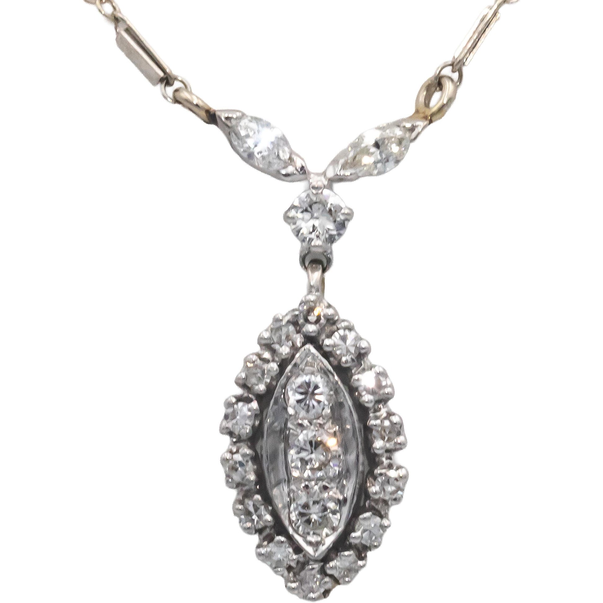 Vintage Antique 14k White Gold 0.75CT VS Diamond Fixed Pendant Necklace