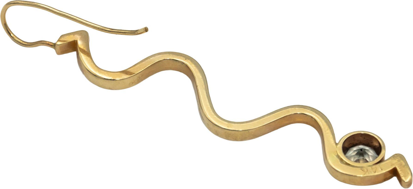 Designer Signed 14k Yellow Gold 1.10CT Round Cut Aquamarine Wavy Drop Earrings