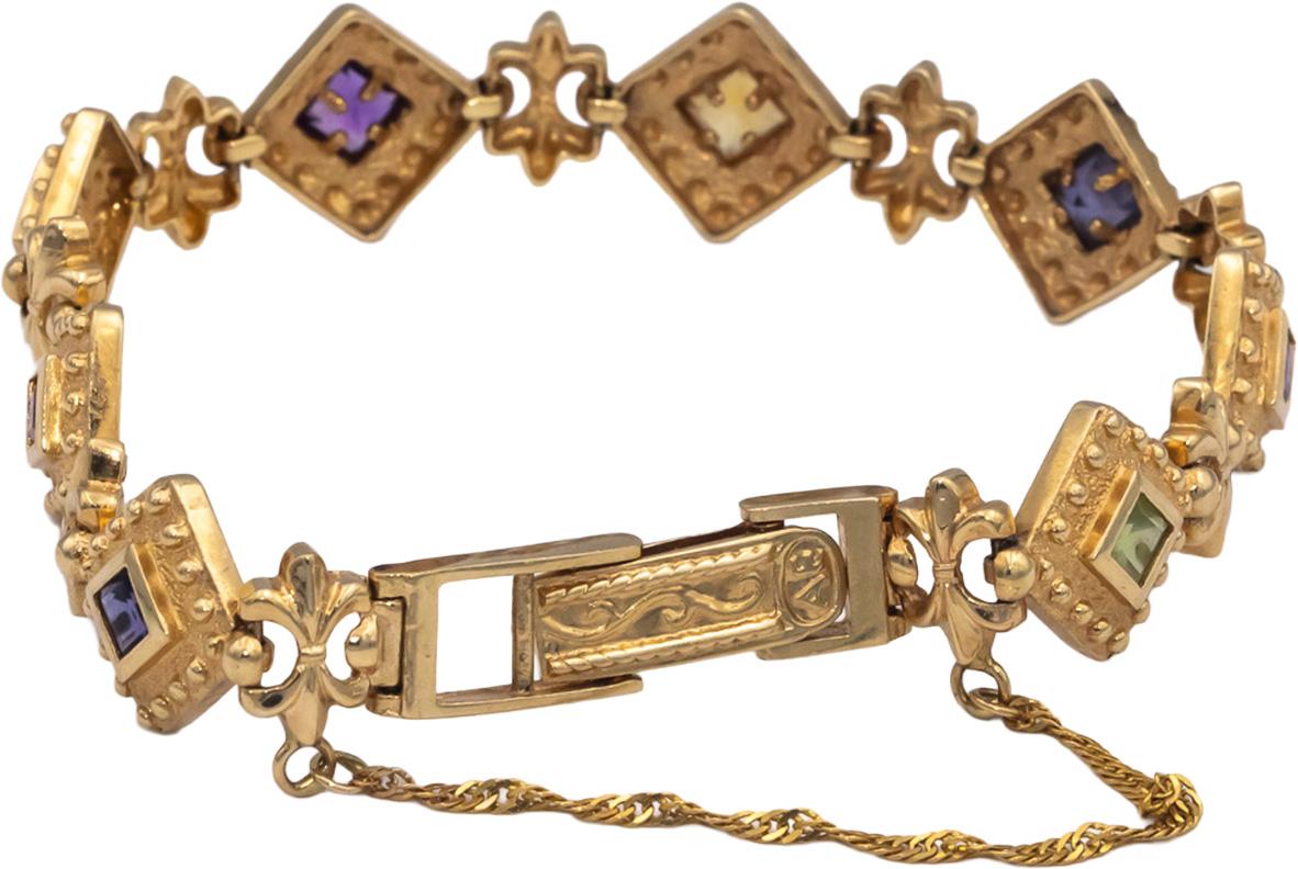 14k Yellow Gold Assorted Rainbow Gemstone Fancy Link Bracelet 5.0CT
