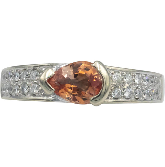 14k White Gold 1.75CT Diamond and GIA Cert Orange Sapphire Ring  w/ Carved Sides