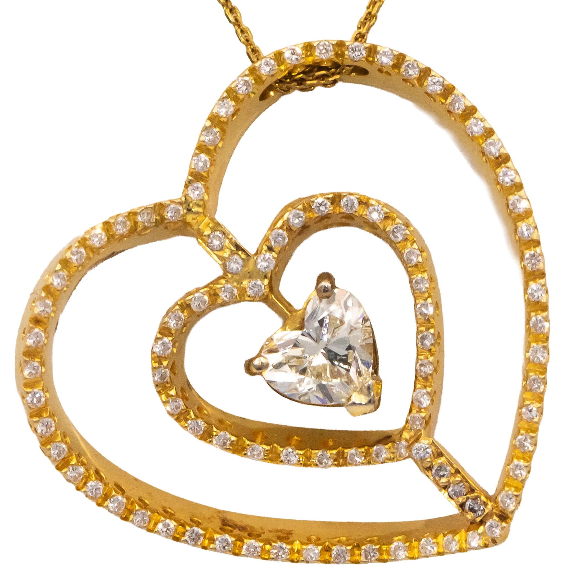 GARAVELLI 18k Yellow Gold Diamond Heart Pendant Necklace 1.55CT w/ 1.05CT Center