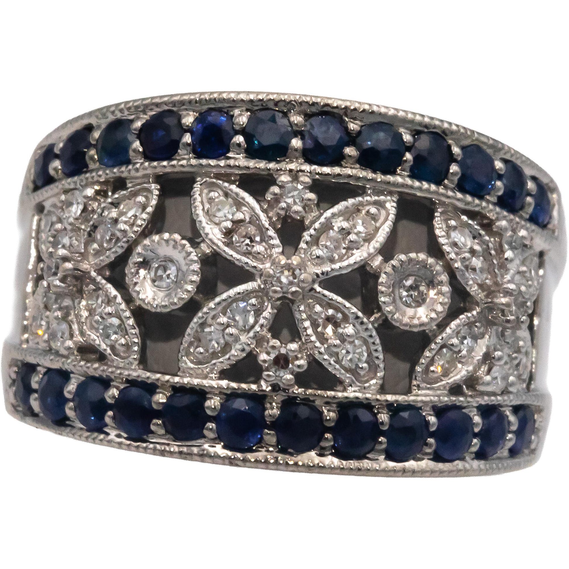 14k White Gold 0.66CT Diamond and Sapphire Floral Band Ring Size 5.25