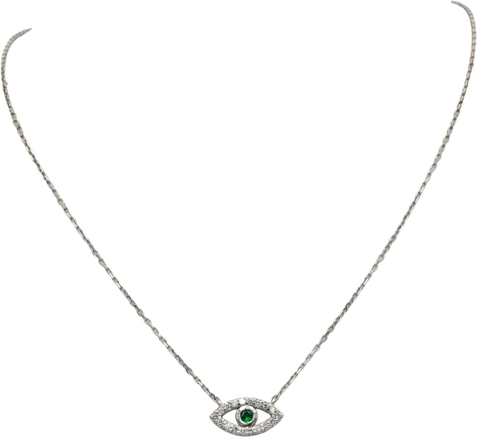 14k White Gold 0.32CT Diamond and Tsavorite Garnet Evil Eye Pendant Necklace
