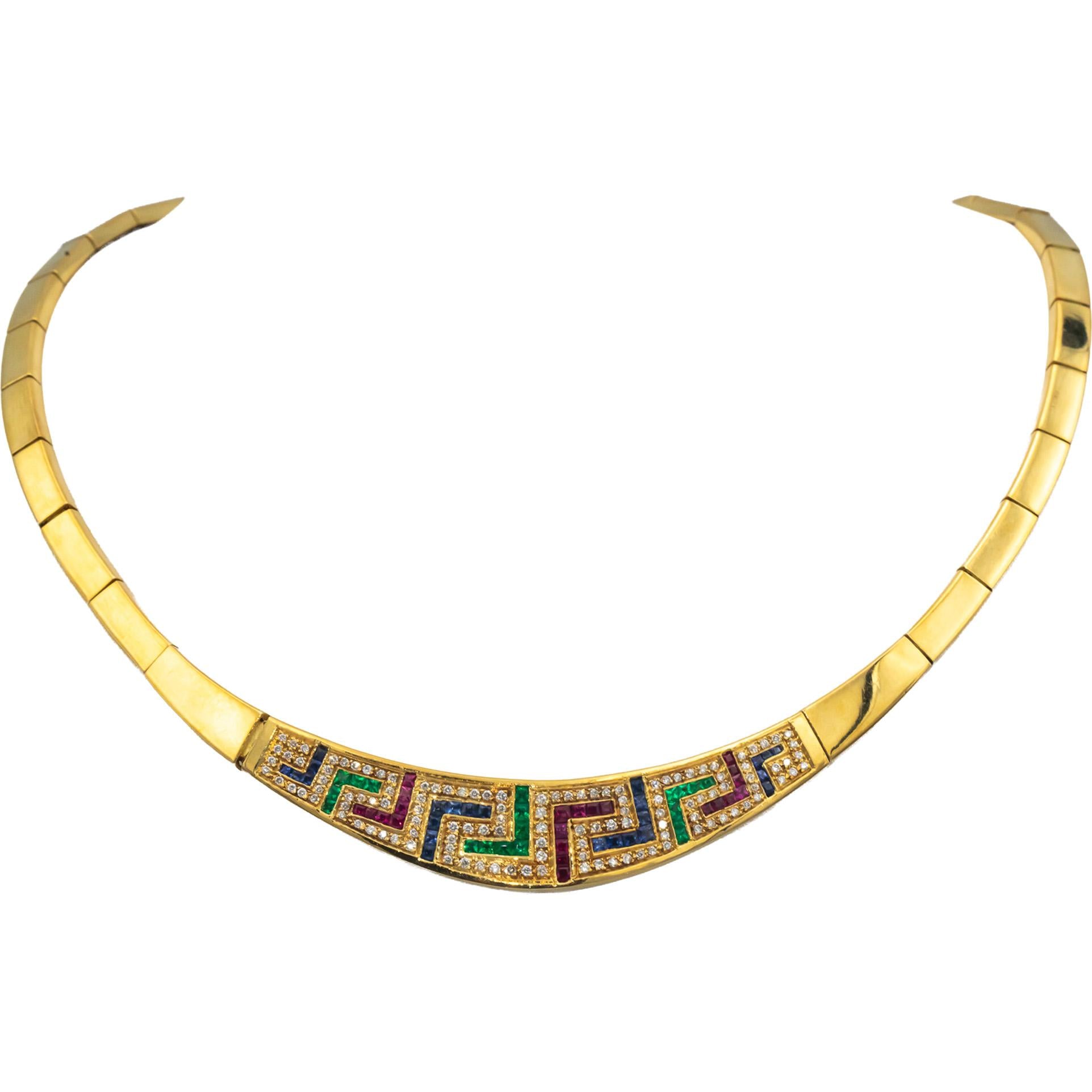 18k Yellow Gold Diamond Ruby Emerald Sapphire Formal Collar Necklace 3.70CT