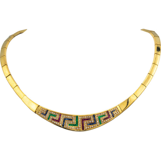 18k Yellow Gold Diamond Ruby Emerald Sapphire Formal Collar Necklace 3.70CT