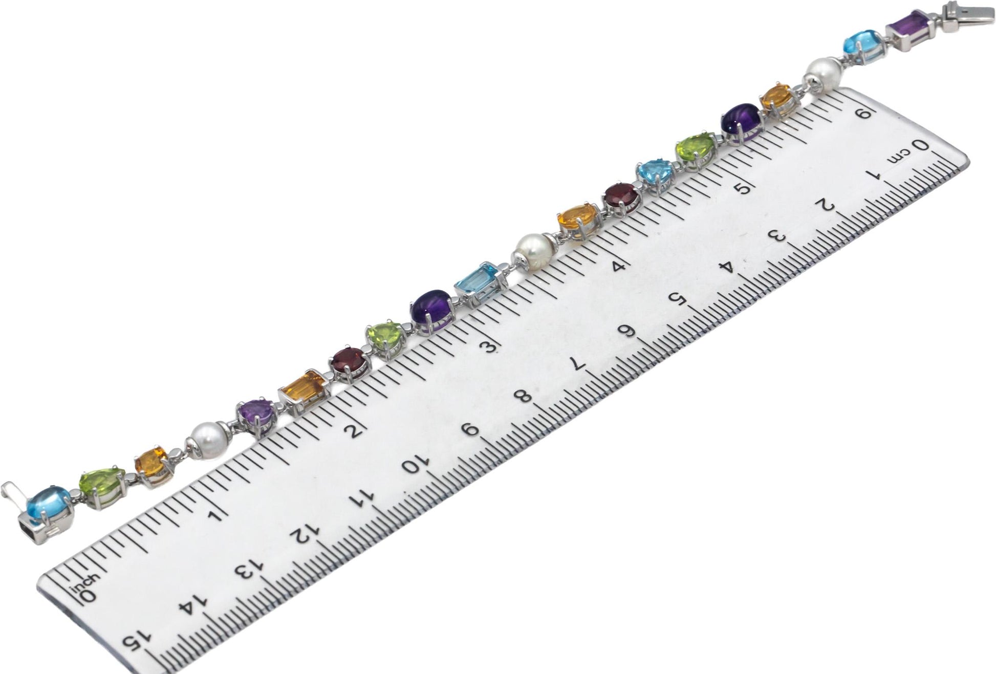10k White Gold Jewelry 10.0CT Assorted Gemstone & 5.5mm Pearl Bracelet