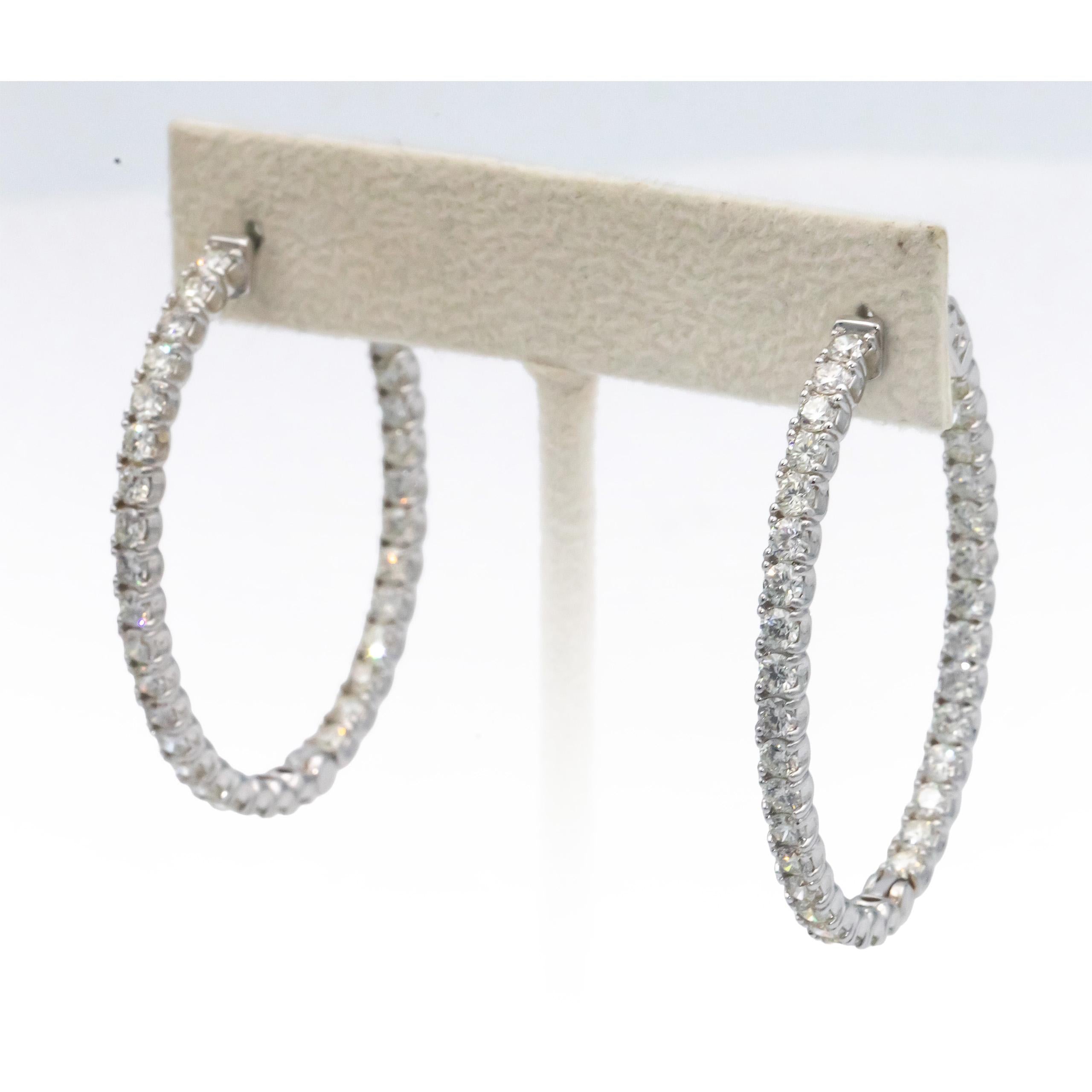 14k White Gold VS Round Cut Diamond Inside Out Hoop Earrings 2.97CT