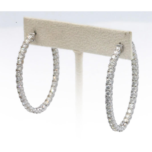 14k White Gold VS Round Cut Diamond Inside Out Hoop Earrings 2.97CT