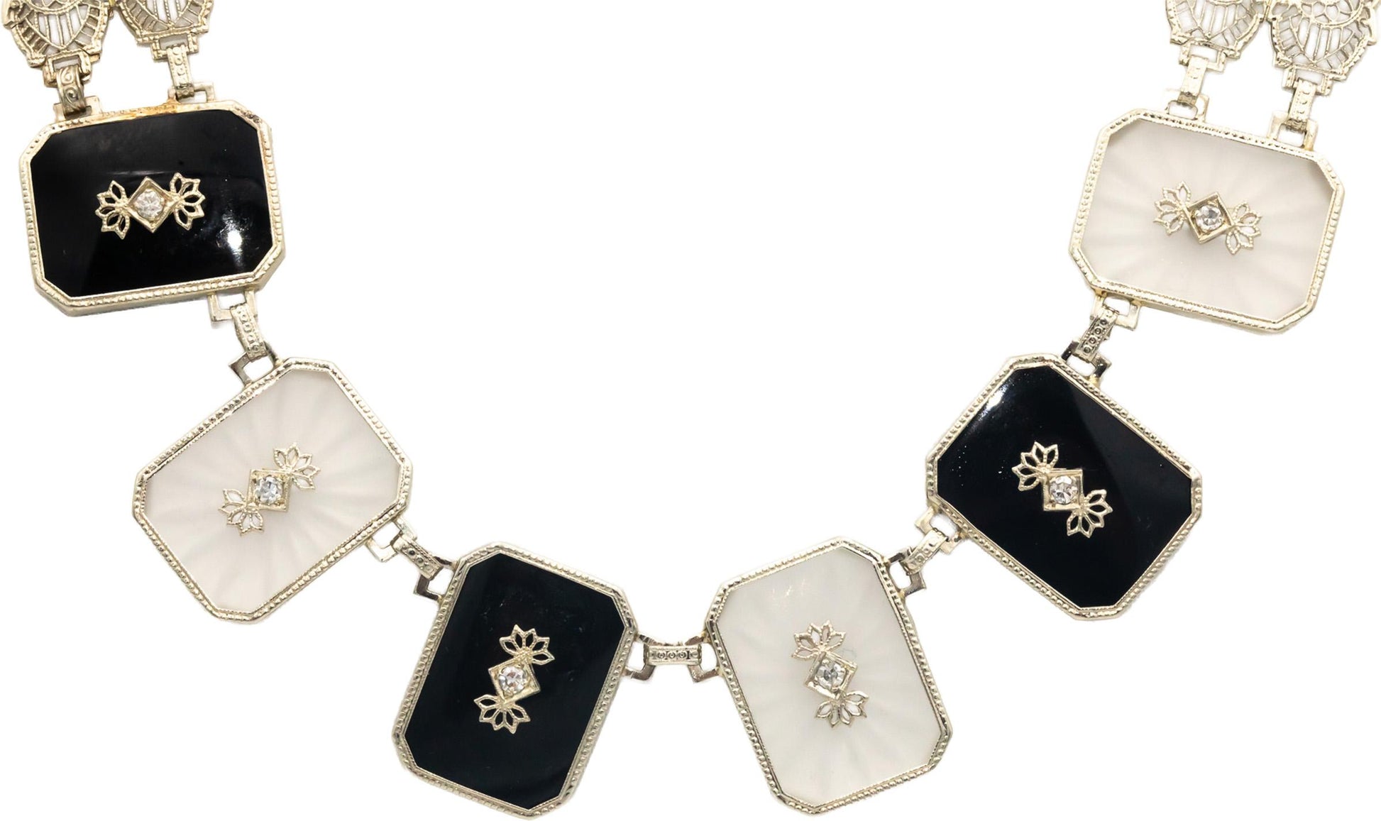 Vintage Antique 14k Gold VS Diamond Rock Crystal Onyx Formal Necklace 0.20CT