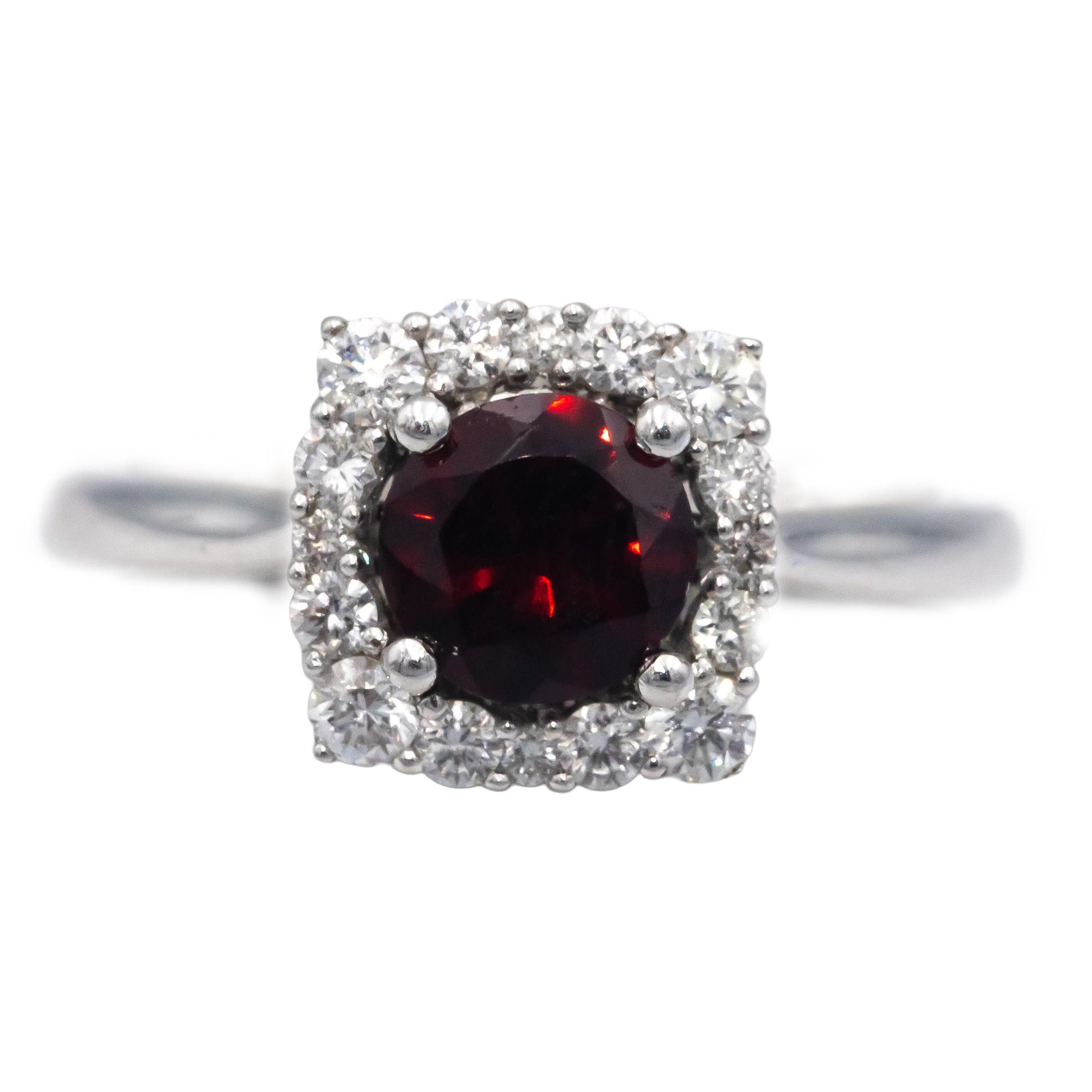 14k White Gold 1.28CT Round Cut Diamond and Garnet Halo Ring Size 6
