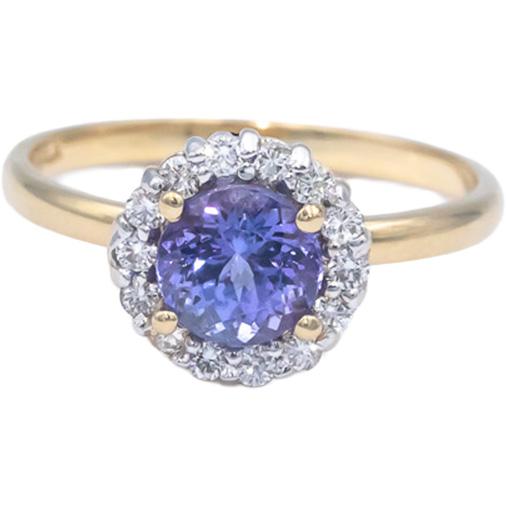 14k Yellow Gold 1.15CT Diamond and Tanzanite Halo Floral Ring Size 6.5